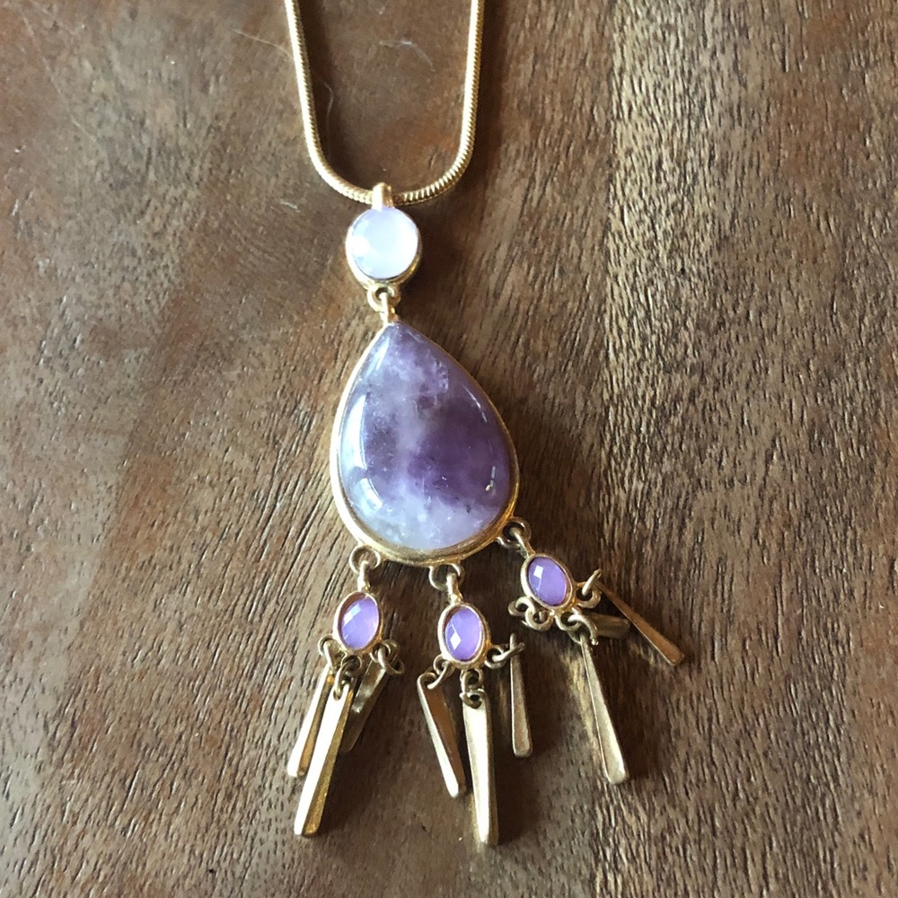 Amethyst Teardrop Pendant Necklace with Moonstone and gold bar Dangles
